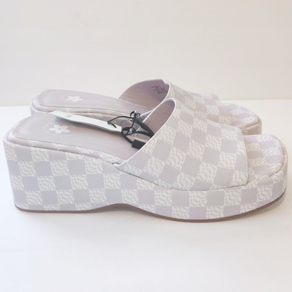 ASOS Bershka Checkerboard Wedge Mule Platform Sandals Slides Shoes Lilac Size 8 - Picture 4 of 7